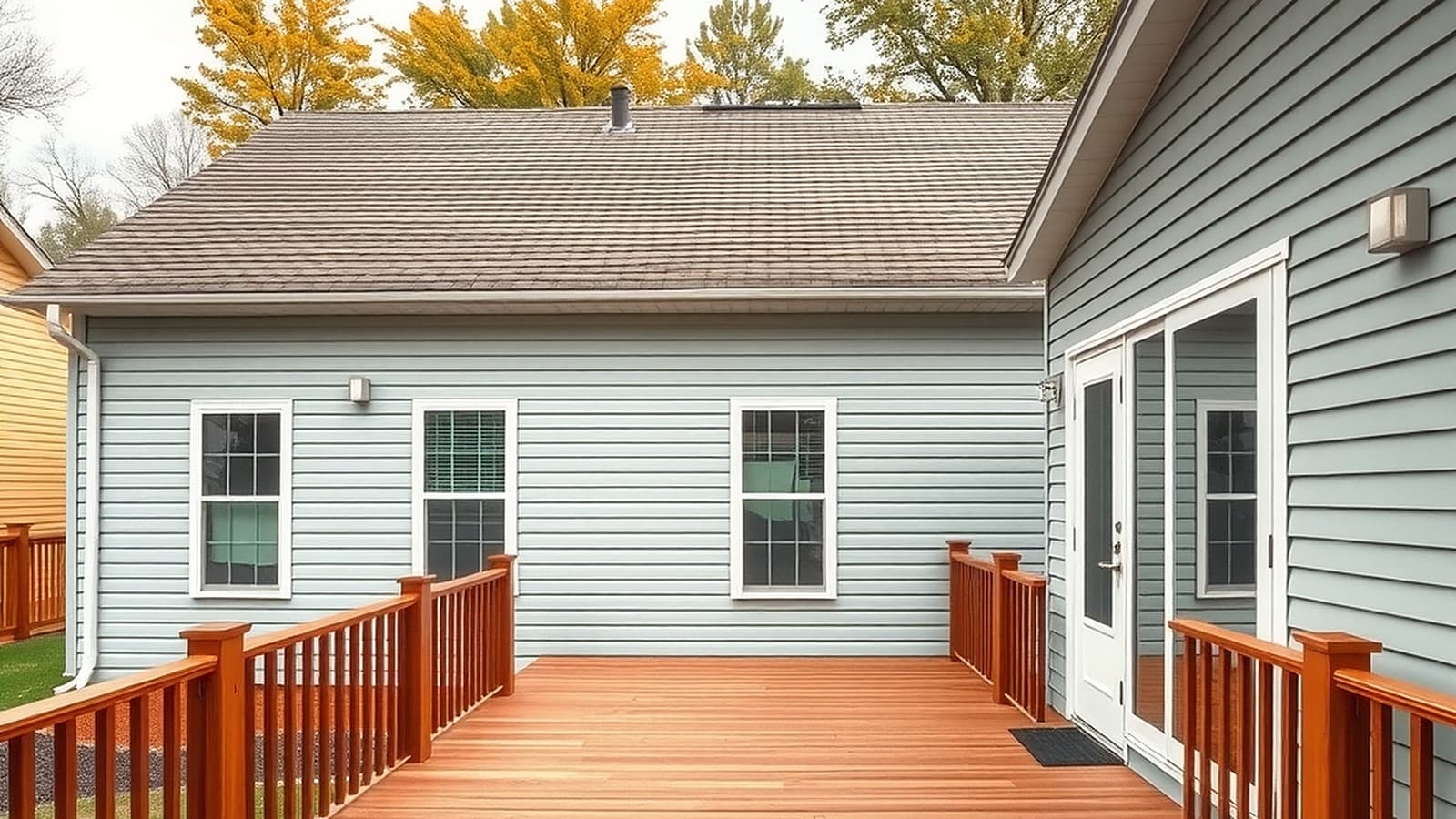 Wood deck with railings along the back of a light gray-sided suburban house, natural daylight, quiet backyard setting